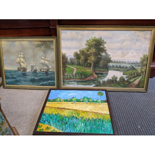 114 - A group of three framed oil paintings, one signed Diego, depicting three sailing vessels at sea, oil... 