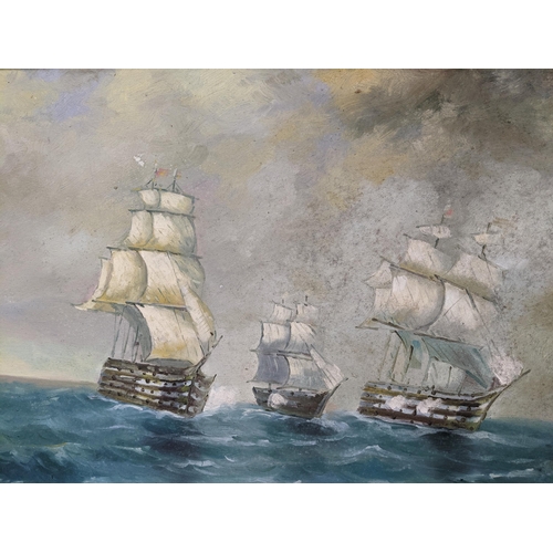 114 - A group of three framed oil paintings, one signed Diego, depicting three sailing vessels at sea, oil... 