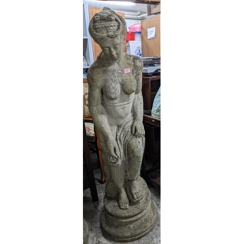 117 - Large cast stone statue of a classical lady on a circular pedestal base, 144cm h Location:G
If there... 