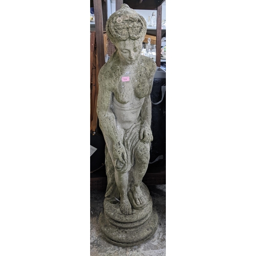 118 - Large cast stone statue of a classical lady on a circular pedestal base, 144cm h Location: G
If ther... 