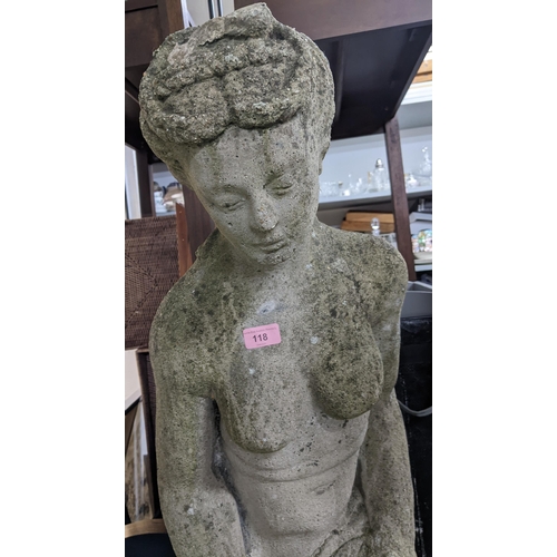 118 - Large cast stone statue of a classical lady on a circular pedestal base, 144cm h Location: G
If ther... 