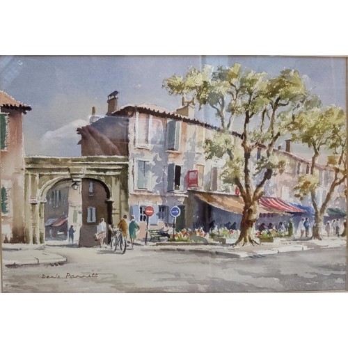 119 - Denis Pannett (1939- ) - a French village street scene in Provence with figures and trees, watercolo... 