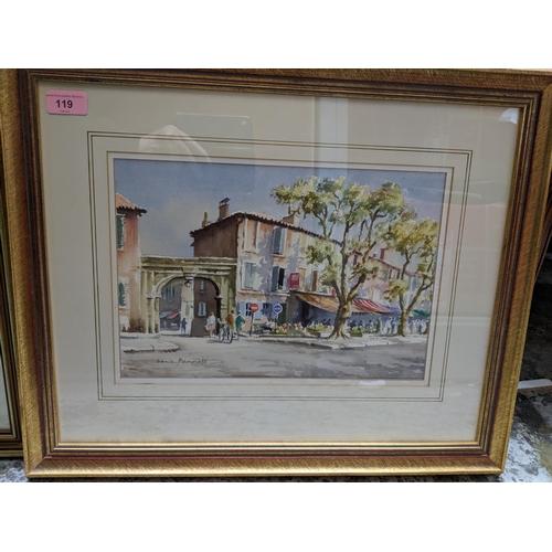 119 - Denis Pannett (1939- ) - a French village street scene in Provence with figures and trees, watercolo... 