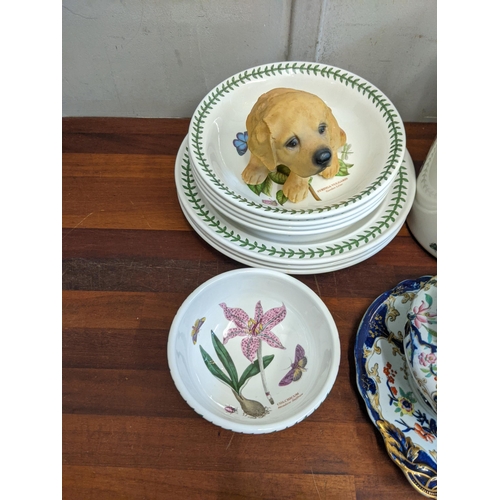 12 - Mixed china to include a commemorative ware, a part Portmerion dinner service and models of cats and... 