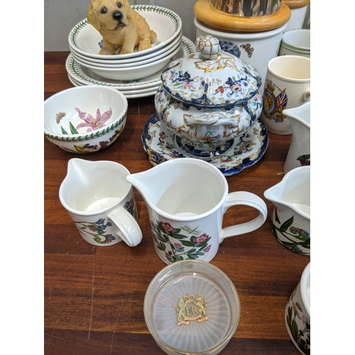 12 - Mixed china to include a commemorative ware, a part Portmerion dinner service and models of cats and... 