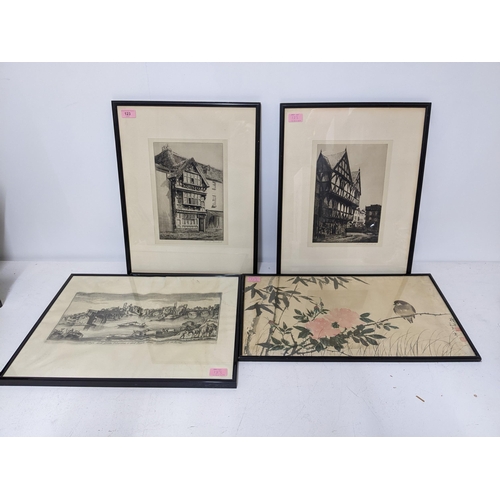 123 - Mixed engravings and  prints to include two Watson Turnbull (1874-1957) engravings of Harvard House ... 