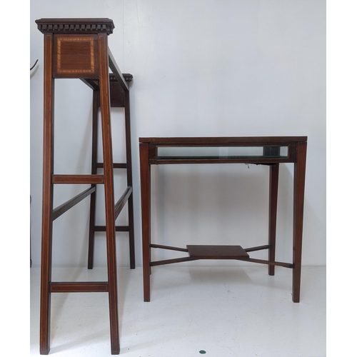 130 - Edwardian inlaid mahogany towel rail, and an Edwardian inlaid mahogany bijouterie table on square ta... 