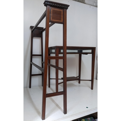 130 - Edwardian inlaid mahogany towel rail, and an Edwardian inlaid mahogany bijouterie table on square ta... 