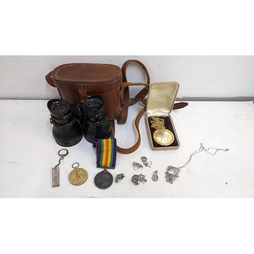 18 - Collectables to include two WWI medals 87430 Pte. H C Houghton R Fus, binoculars the case stamped Bi... 