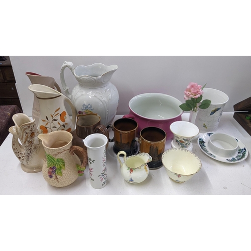 21 - Glassware and ceramics to include 36 champagne glasses, A Doulton Lambethware jug, two royal Bradwel... 