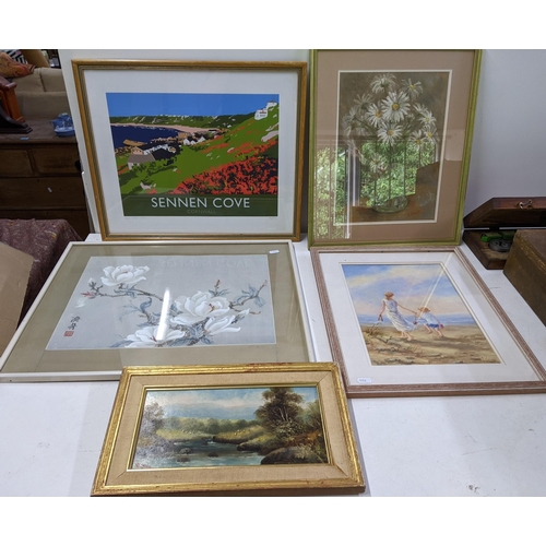 23 - Five framed pictures to include an oil on board depicting a river scene 'Hurry to the beach' by sue ... 