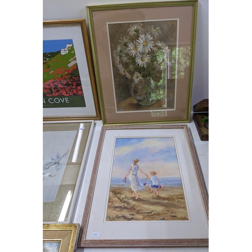 23 - Five framed pictures to include an oil on board depicting a river scene 'Hurry to the beach' by sue ... 