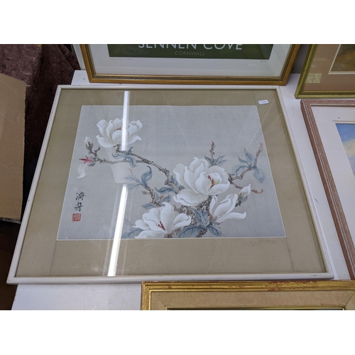 23 - Five framed pictures to include an oil on board depicting a river scene 'Hurry to the beach' by sue ... 