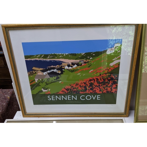 23 - Five framed pictures to include an oil on board depicting a river scene 'Hurry to the beach' by sue ... 