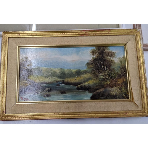 23 - Five framed pictures to include an oil on board depicting a river scene 'Hurry to the beach' by sue ... 