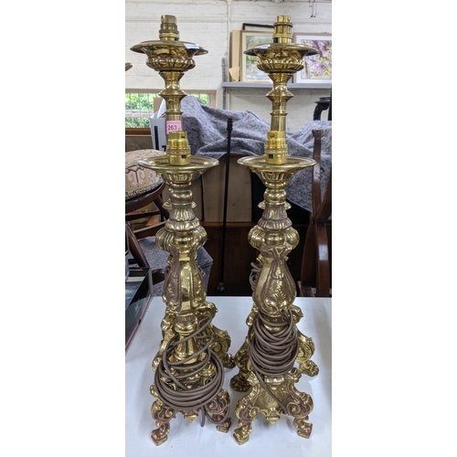 263 - Four brass gold effect table lamps, tallest 65cm h, shortest 50cm h, plugs removed
Location:A3F
If t... 