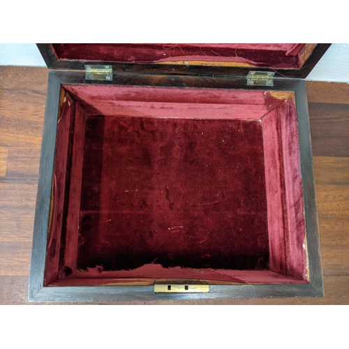 267 - An early Victorian lockable storage box with a removable tray and a hinged lid, with gold coloured s... 