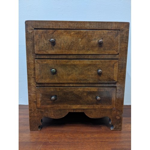 269 - An apprentice walnut three drawer dressing chest, metal knobs, raised on bracket feet, 20cm d x 25cm... 