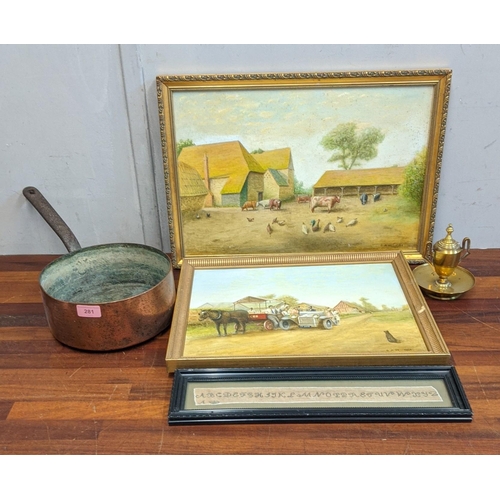 281 - Pictures to include Victorian School oil on canvas, a 19th century sampler, a copper saucepan and a ... 