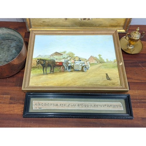 281 - Pictures to include Victorian School oil on canvas, a 19th century sampler, a copper saucepan and a ... 