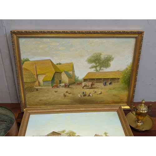 281 - Pictures to include Victorian School oil on canvas, a 19th century sampler, a copper saucepan and a ... 