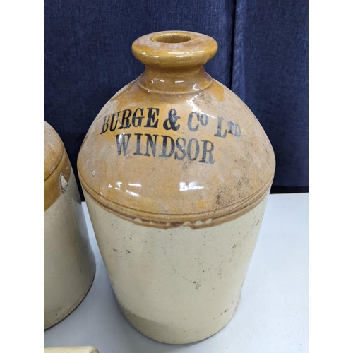 320 - Stoneware to include a 'Taylor & Co Mineral Waters, Staines' tapped flagon, a Burge & Co Ltd Windsor... 