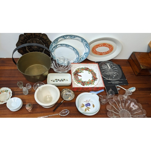 327 - Mixed items to include a brass preserve pan, meat plates, glass custard cups, a Danish design pan, D... 