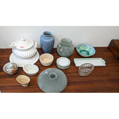 328 - Ceramics and glassware to include a Japanese bowl and cover, jelly moulds, vases, a tureen and other... 