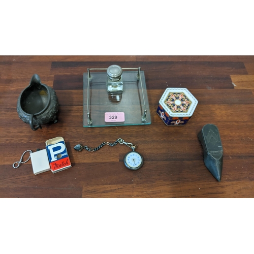 329 - Collectables to include a fob watch and chain, a pewter snuff box, an inkwell, a Royal Crown Derby I... 