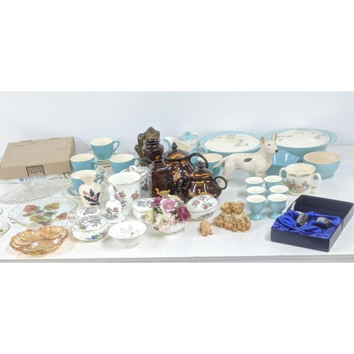 378 - Mixed ceramics and glassware to include Wedgwood trinkets, a part tea service, a stoneware glaze tea... 