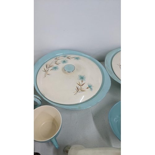 378 - Mixed ceramics and glassware to include Wedgwood trinkets, a part tea service, a stoneware glaze tea... 