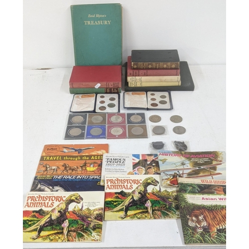 379 - A mixed lot to include British coinage, smoking card albums and books to include Treasury by Enid Bl... 