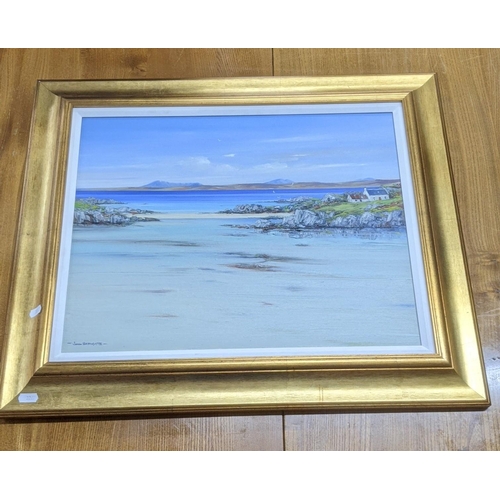 380 - John Bathgate oil on canvas depicting ocean scene with mountains and a house in the distance, signed... 