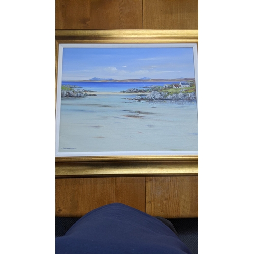 380 - John Bathgate oil on canvas depicting ocean scene with mountains and a house in the distance, signed... 