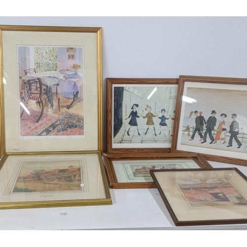 381 - Framed and glazed watercolours and prints to include two LS Lowry prints and others , along with thr... 