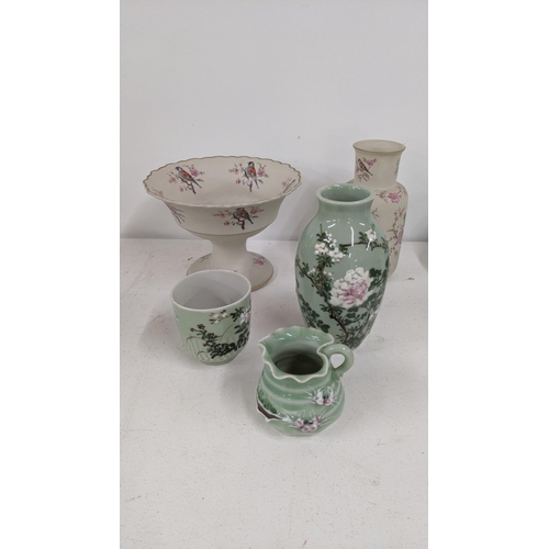 385 - A mixed lot to include a Japanese Meiji period Seto ware Celadon vase and cup and one other, togethe... 