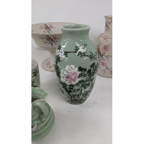 385 - A mixed lot to include a Japanese Meiji period Seto ware Celadon vase and cup and one other, togethe... 