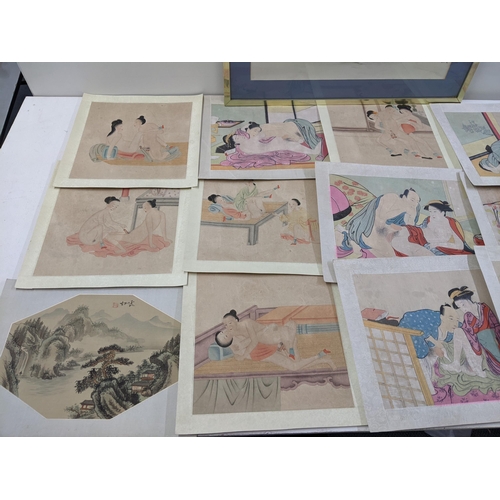 400 - Mixed Oriental watercolours to include a river and mountain scene, various scenes of erotica, and a ... 