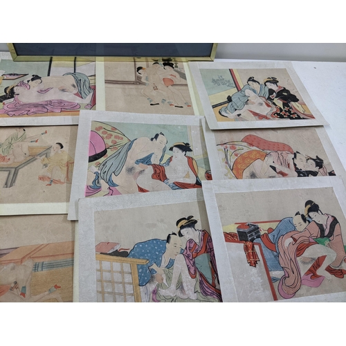 400 - Mixed Oriental watercolours to include a river and mountain scene, various scenes of erotica, and a ... 