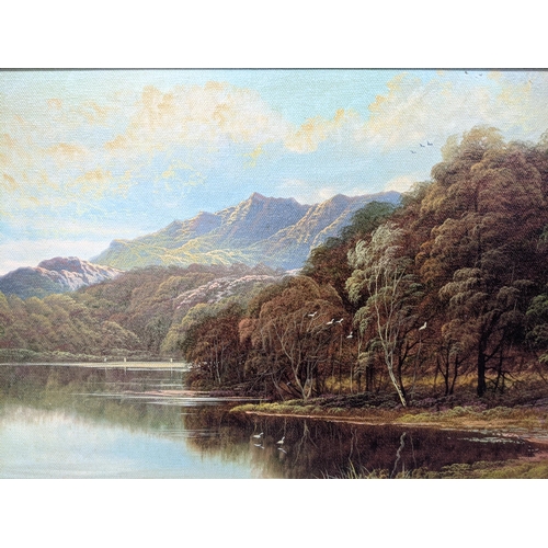 401 - Two landscapes oil on canvas depicting lake/loch scenes with trees and mountains in the background, ... 