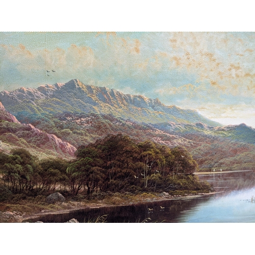 401 - Two landscapes oil on canvas depicting lake/loch scenes with trees and mountains in the background, ... 