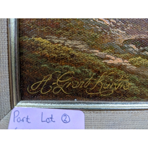 401 - Two landscapes oil on canvas depicting lake/loch scenes with trees and mountains in the background, ... 