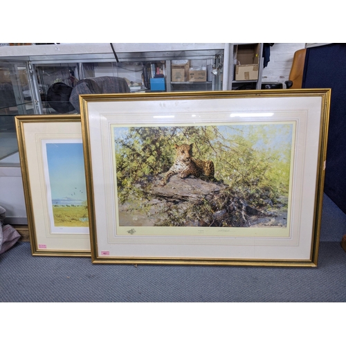 402 - Two David Shepherd prints, one depicting a resting leopard called The Sentinel, signed with a backst... 