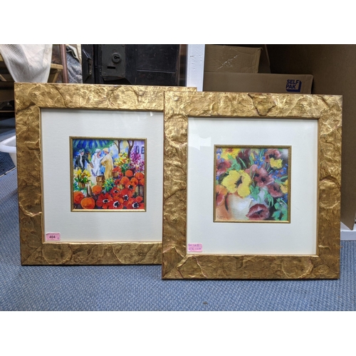 404 - Two paintings by K Doms, one a floral study watercolour, and an oil painting depicting a flower mark... 