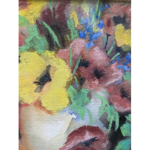 404 - Two paintings by K Doms, one a floral study watercolour, and an oil painting depicting a flower mark... 