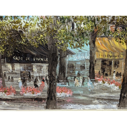 405 - A Parisian street scene, oil on canvas, depicting restaurants with people sitting outside, signed to... 