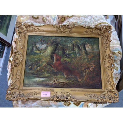 406 - An oil on canvas depicting a prancing fox looking at two birds in a tree amongst dense woodland enti... 