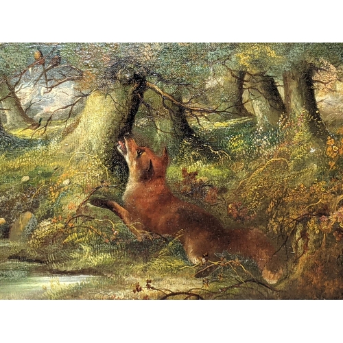 406 - An oil on canvas depicting a prancing fox looking at two birds in a tree amongst dense woodland enti... 