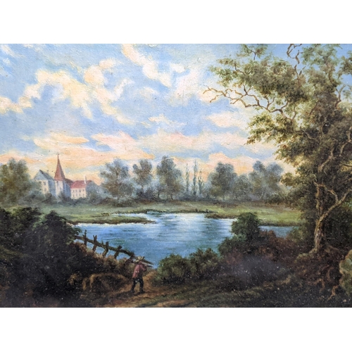 407 - A watercolour depicting a landscape with a lake in the middle ground and church in the background, s... 