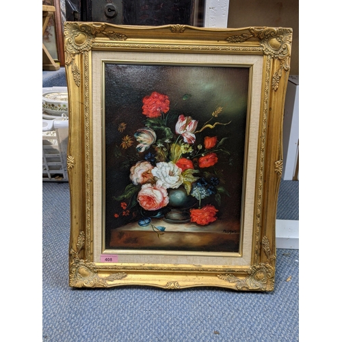 408 - A 20th century still life oil on canvas depicting a vase full of flowers in bloom against a dark bac... 